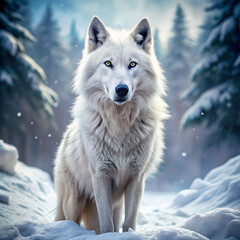 Obraz premium wolf in snowanimal, wolf, snow, dog, white, winter, mammal, wildlife, nature, arctic, wild, fox, fur, predator, cold, canine, wolves, samoyed, carnivore, pet, lupus, forest, polar, portrait, arctic wo