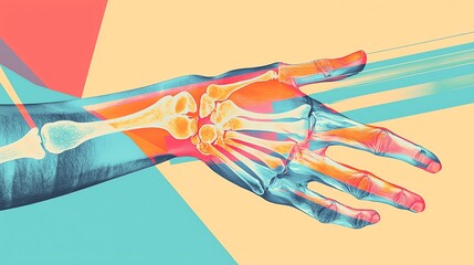 Vibrant illustration of a human hand skeleton with colorful highlights. Perfect for medical and educational visuals.