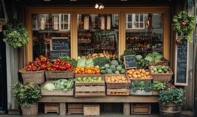 Charming Organic Produce Shop Display with Fresh Vegetables and Fruits, Bio Products Only, Rustic Window Front, Fresh and Healthy Eating Concept, Generative AI