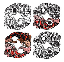 Set of silhouette tattoo style. Yin yang koi fish, symbol of harmony and balance. Two koi fish hold tail one other.eps