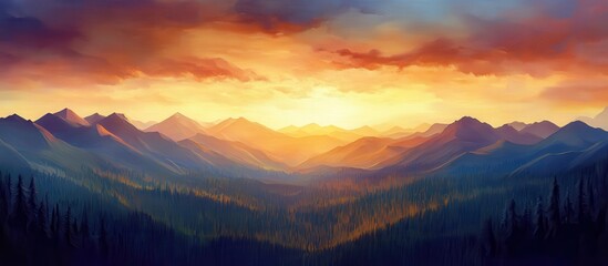 Obraz premium Stunning Sunset Over Majestic Mountain Range with Vibrant Colors and Dramatic Sky