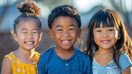 Three joyful children from different ethnic backgrounds, smiling brightly