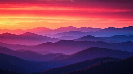 Obraz premium Stunning Sunset Over Rolling Mountain Ranges with Vibrant Colors and Layers of Peaks
