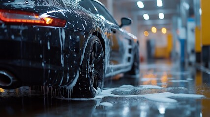 Black car being cleaned with soap car washing concept.