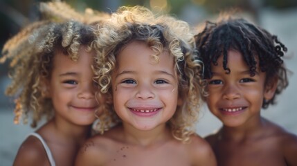 Three joyful children with different hair textures, smiling brightly