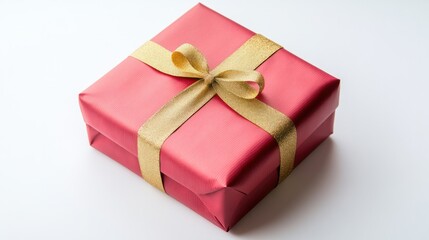 Obraz premium Brightly wrapped New Year gift in shiny red paper with a gold ribbon, isolated on white background for a festive holiday look.
