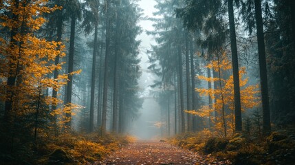 Fototapeta premium Misty Forest Path with Tall Trees and Autumn Leaves
