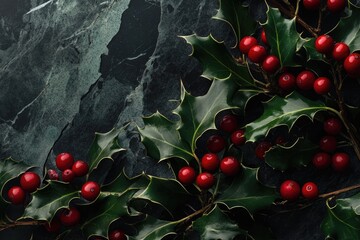 Red Berries and Green Holly Leaves on a Dark Slate Background