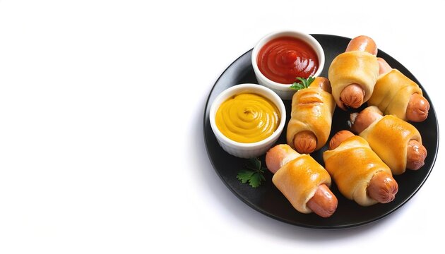 pigs in a blanket are small hot dogs or sausages individually wrapped in pastry, commonly served as an appetizer with mustard and ketchup dipping sauce.  Isolated on white background with copy space - Powered by Adobe
