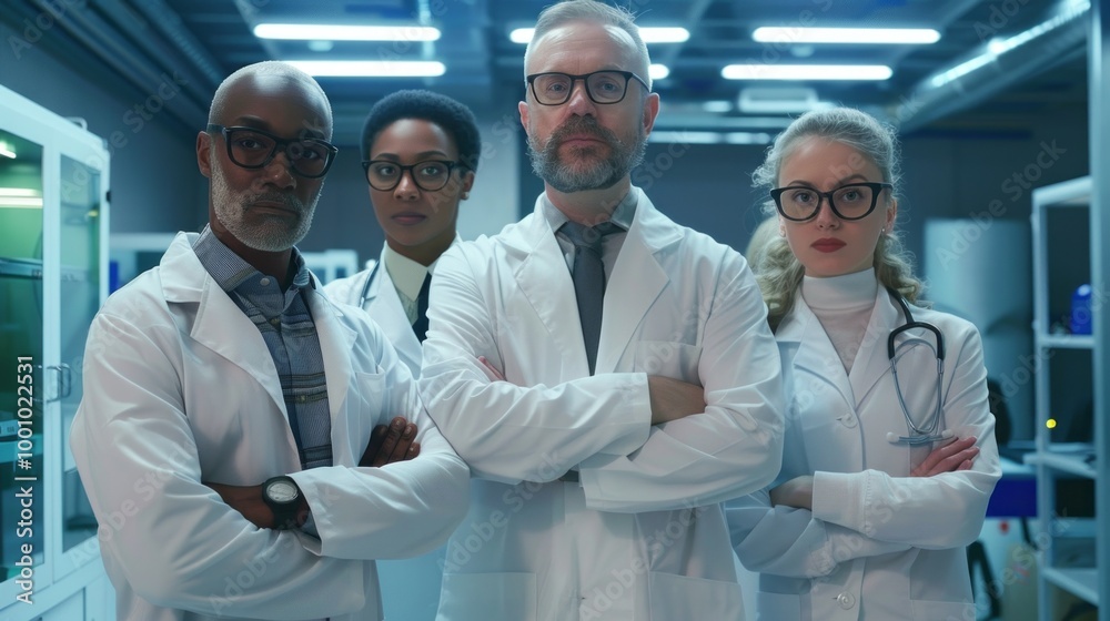 Poster a group of four doctors stand together in a lab
