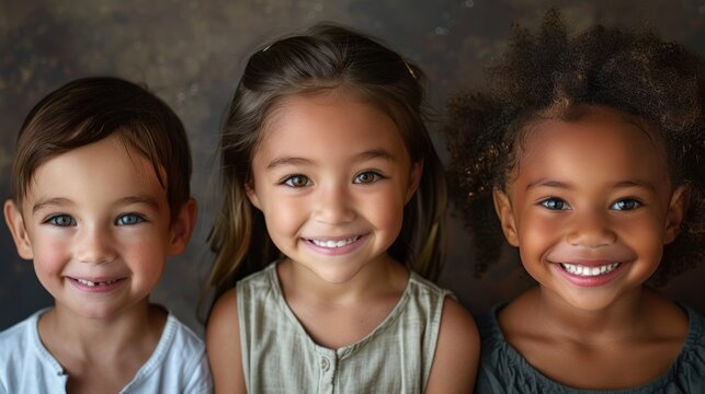 Three joyful children with different skin tones, smiling warmly
