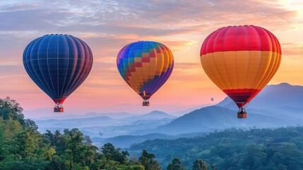 Obraz premium Colorful hot air balloons soaring over misty mountains at sunset
