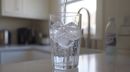 Refreshing water poured over ice in a glass
