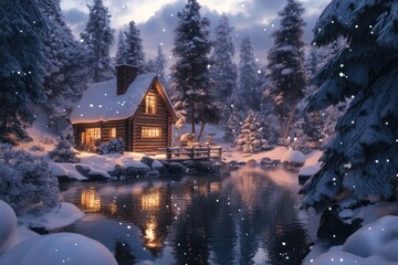 Fototapeta premium A Cozy Log Cabin Nestled in a Snowy Forest by a River