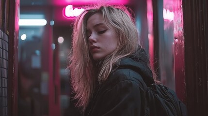 Thoughtful young woman in neon-lit urban setting