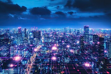 Fototapeta premium city at night with digital lines 