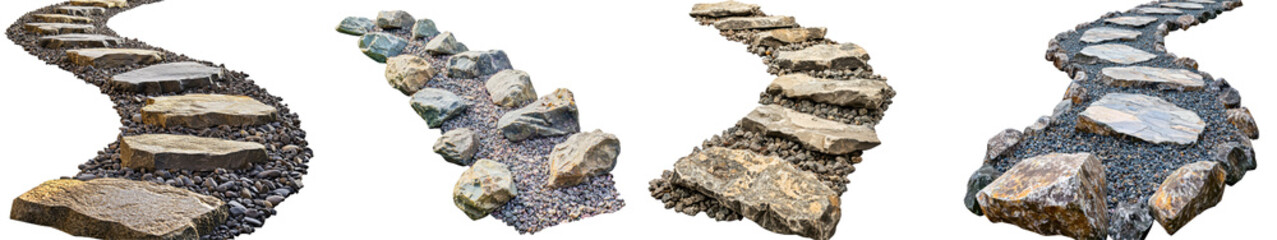 Stepping stones create a winding path through a serene outdoor landscape.