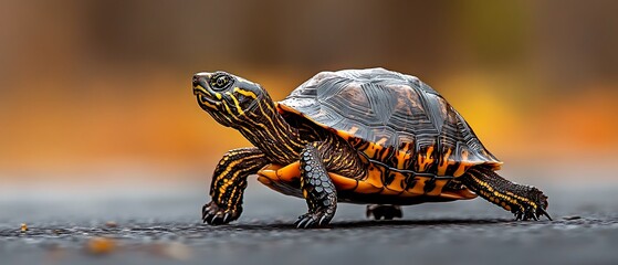 Turtle walking on a flat surface with intricate shell patterns