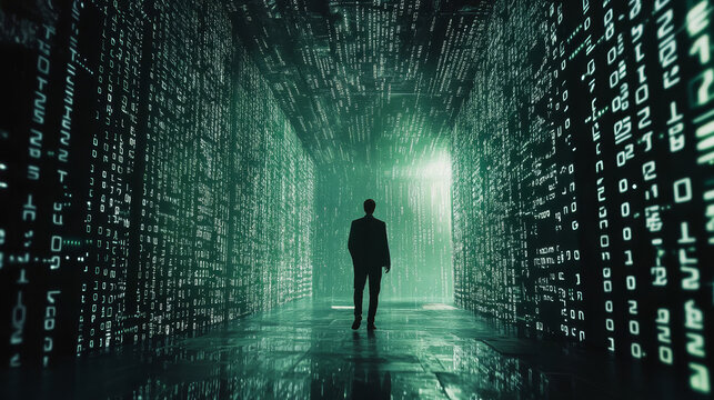 A tech-driven scene with glowing binary code cascading over digital systems.  Systems engineering. Programming.