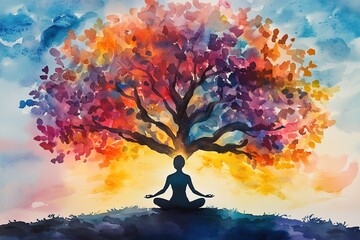 Yoga/ Meditation Silhouette Under a Vibrant Tree Symbolizing Mental and Emotional Growth for Mental Health Awareness