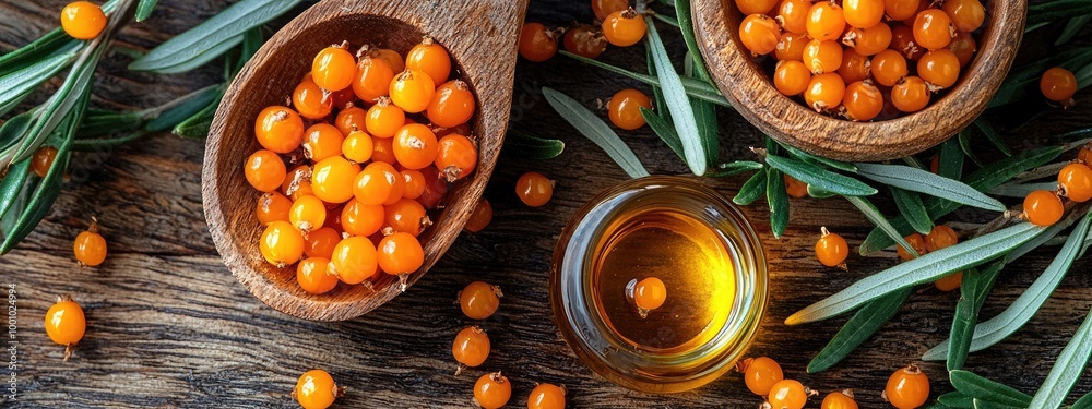 Wall mural sea buckthorn essential oil. selective focus