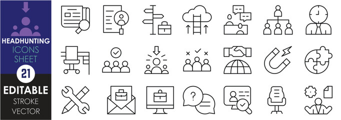 A set of line icons related to Headhunting. Head, job, profession, boss, ways, choice, attract, success, interview, and so on. Vector editable stroke.