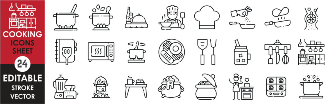 A set of line icons related to cooking. Cook, stove, dinner, kitchen, utensils, juice, recipe, blender, chef, and so on. Vector editable stroke.