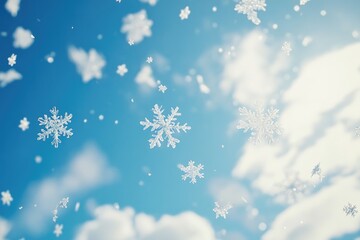 Naklejka premium Intricate Snowflakes Falling Against a Blue Sky with White Clouds