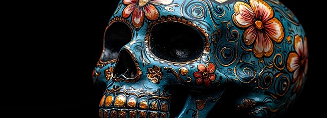 Fototapeta premium Vibrant sugar skull with intricate floral designs, ideal for Day of the Dead celebrations, altars, and cultural events, invoking remembrance and festivity.