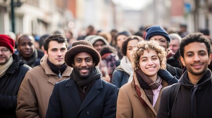 Obraz premium A Crowded Urban Street Packed with Diverse People of All Ages and Ethnicities. demographic explosion, diverse,multiethnic,inclusive,generation gap,demographic shift, DEIB