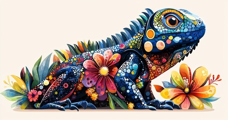 Obraz premium A vibrant vector illustration of a stylized iguana adorned with colorful floral patterns, perfect for Day of the Dead (Dia De Los Muertos) design needs.