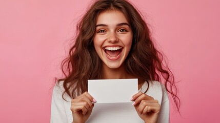 Naklejka premium Happy young woman holding a ticket or gift voucher, copy space.