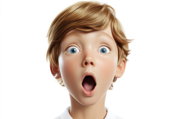 A young boy with blonde hair looks astonished, his mouth wide open and eyes expressing surprise, capturing a genuine moment of wonder and curiosity.