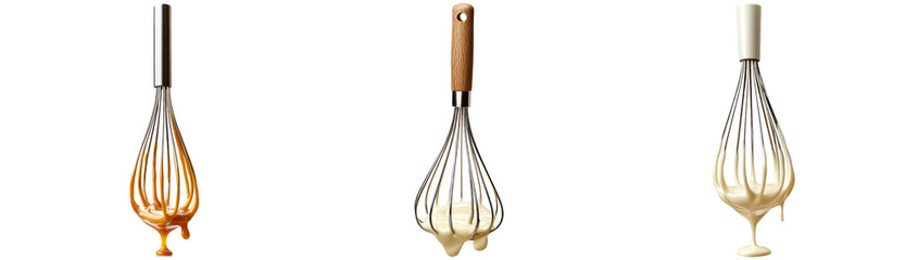 Kitchen Whisks in Various Colors and Textures Isolated on Transparent Background