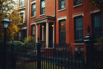 Charming brick townhouse with ornate columns and wrought iron fence
