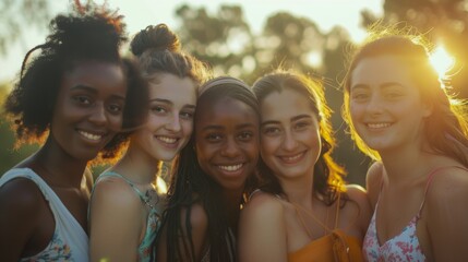Young women of various ethnic backgrounds, smiling warmly and standing closely together