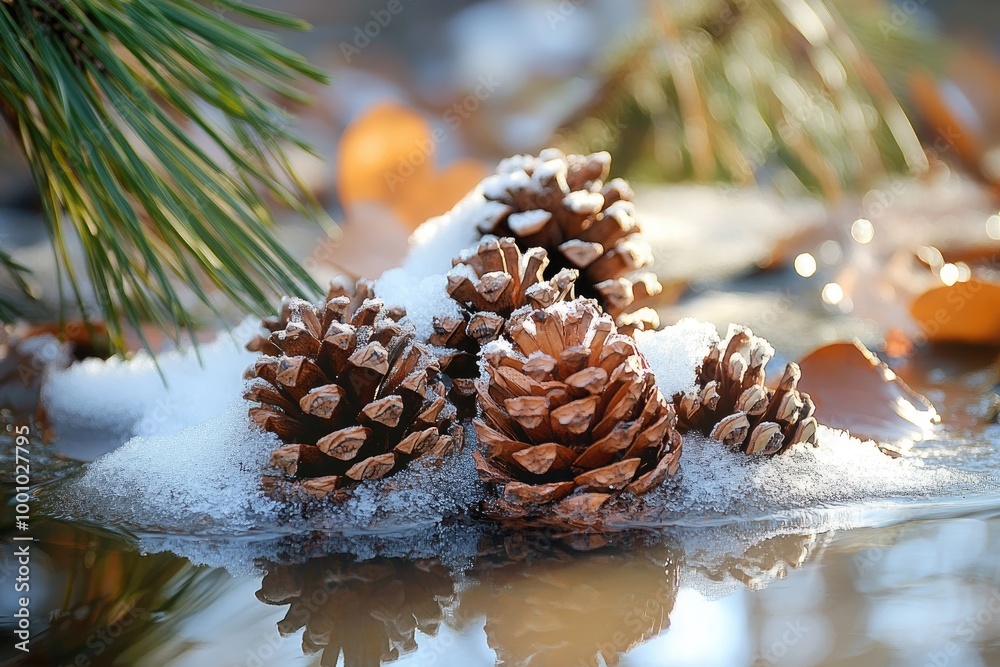 Sticker Snow-Covered Pine Cones Reflecting in Water