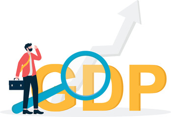Business man observes rising GDP data with magnifying glass

