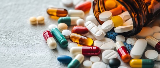 A collection of colorful pills scattered from a bottle