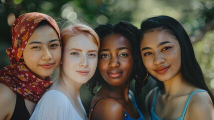 Fototapeta premium Young women of various ethnic backgrounds, standing closely and smiling