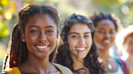 Fototapeta premium Young women of various ethnic backgrounds, standing closely and smiling warmly