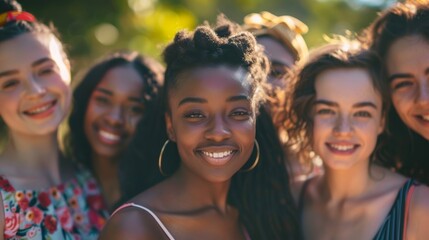 Young women of various ethnic backgrounds, standing closely and smiling warmly