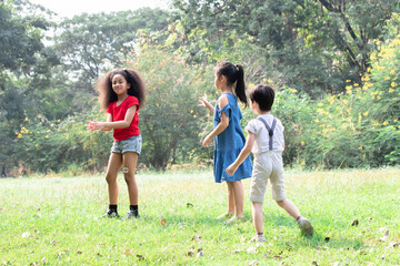 Obraz premium Three elementary children, African-American girl and two Asian kids playing together in a grass field surrounded by trees and bubbles, outdoors playing, laughing and enjoying a carefree day in nature