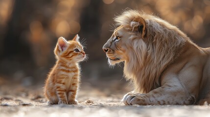 Naklejka premium Curious Kitten and Majestic Lion Side by Side