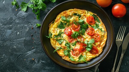 omelet in a plate on the table. Selective focus