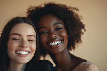 Two Smiling Women With Diverse Backgrounds Pose Together Against a Soft, Warm Backdrop in a Joyful Moment of Friendship