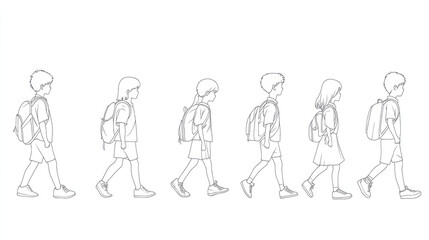 A lively illustration of children moving in a single file, each carrying a backpack, showcasing the delightful routine of young students heading to school.