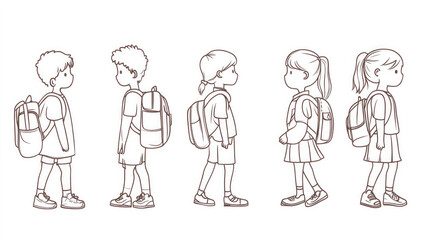 A charming illustration showcasing a small group of children carrying backpacks, all walking in a line, representing an everyday scene of youthful camaraderie.