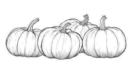 A precise, black and white sketch of five pumpkins grouped together, highlighting their distinct shapes and forms, ideal for autumnal and harvest-themed decor.