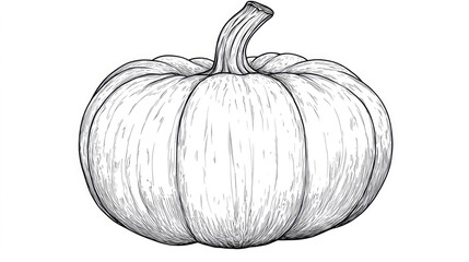 A meticulous black and white sketch of a pumpkin showcasing its detailed textures, rounded shape, and prominent stem, perfect for autumn-themed designs or botanical studies.
